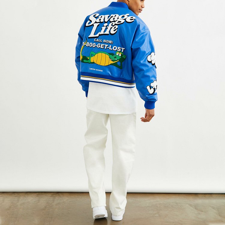 High Quality Men's Blue Customized Screen Print LOGO Embroidery Chenille Graphic Baseball Collar PU Faux Leather Bomber Jackets