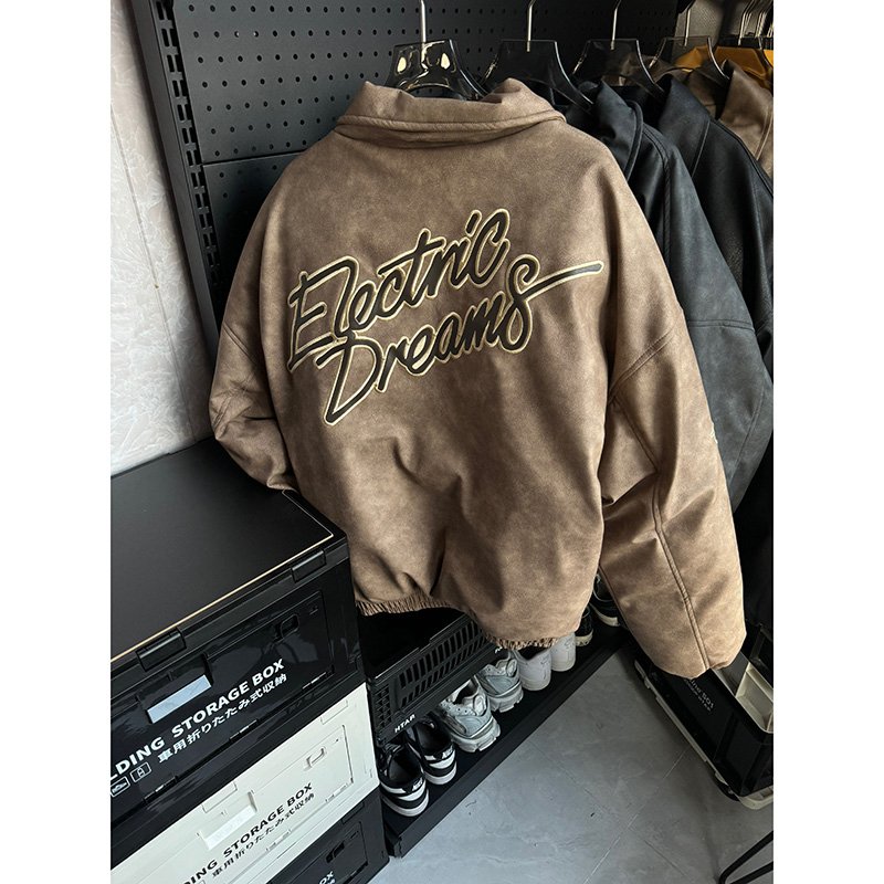 Foshan Manufacture High End American retro embroidered reverse collar PU leather loose structured cotton jacket