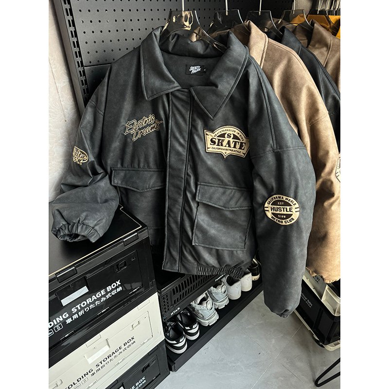 Foshan Manufacture High End American retro embroidered reverse collar PU leather loose structured cotton jacket