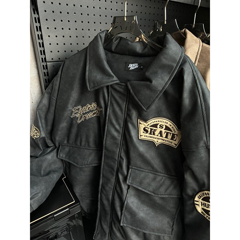 Foshan Manufacture High End American retro embroidered reverse collar PU leather loose structured cotton jacket