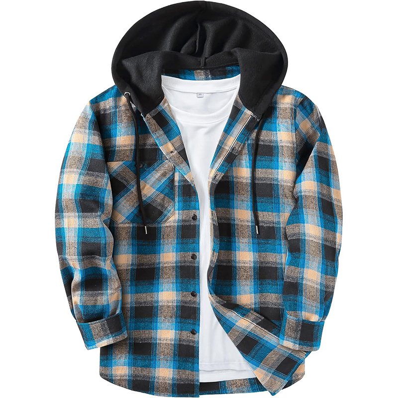 High quality factory plus size casual pocket shirt fashion men's plaid hoodie fleece flannel shirts jackets