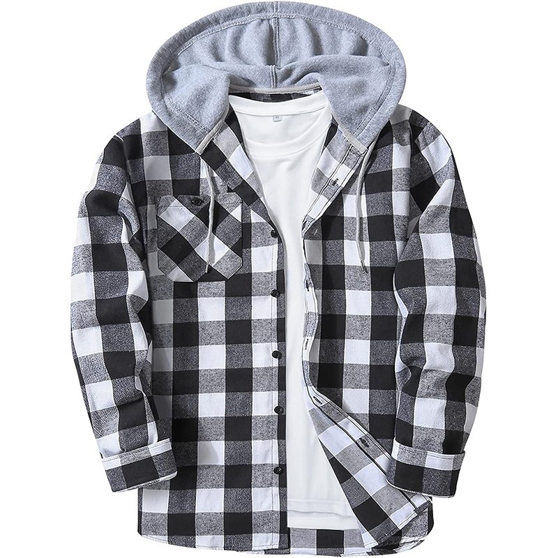 High quality factory plus size casual pocket shirt fashion men's plaid hoodie fleece flannel shirts jackets