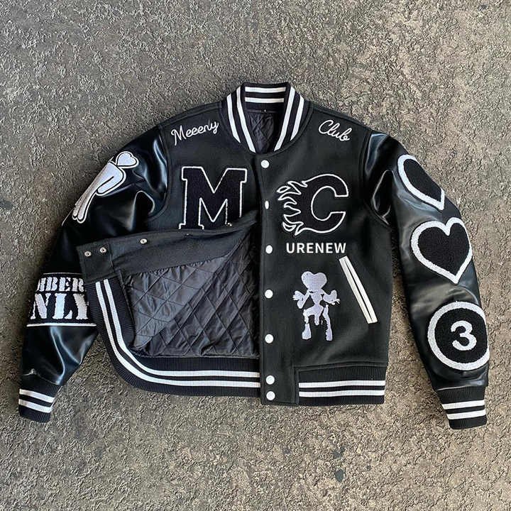 Custom Logo Streetwear Unisex Men's Chenille Embroidery Patch Winter Fleece Leather Bomber Letterman Varsity Jacket