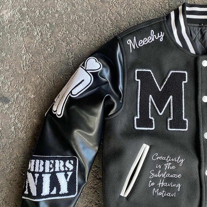 Custom Logo Streetwear Unisex Men's Chenille Embroidery Patch Winter Fleece Leather Bomber Letterman Varsity Jacket
