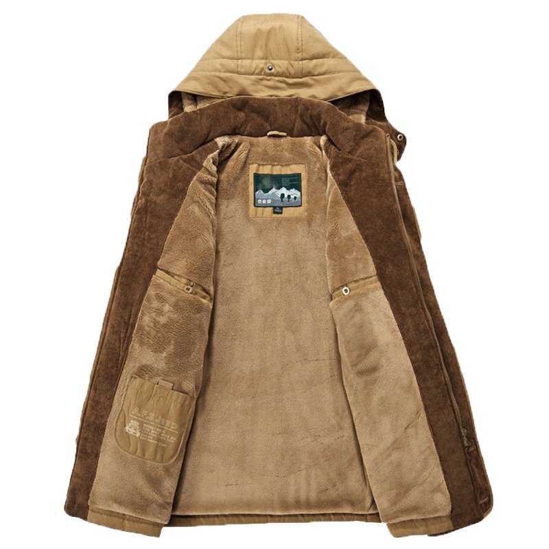 Men's jacket Medium and long styles Adding velvet and thickening Middle aged and elderly Multi pocket cotton jacket men's coats