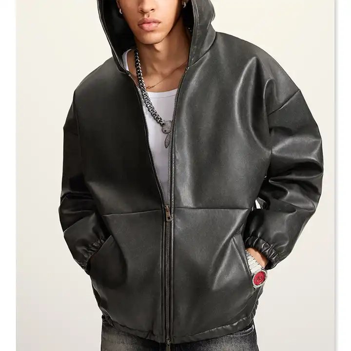 Vintage Motorcycle Zipper Leather Jacket Zip Up Hoodies PU Leather Oversize Winter Outdoor Men's Jackets