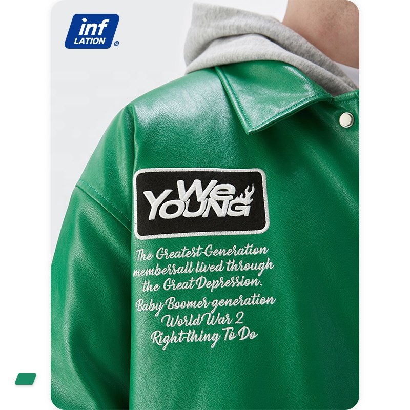 INF PU Leather Sleeve Chenille Patch Embroidery Jacket Men Bomber Flight Letterman Leather Jacket