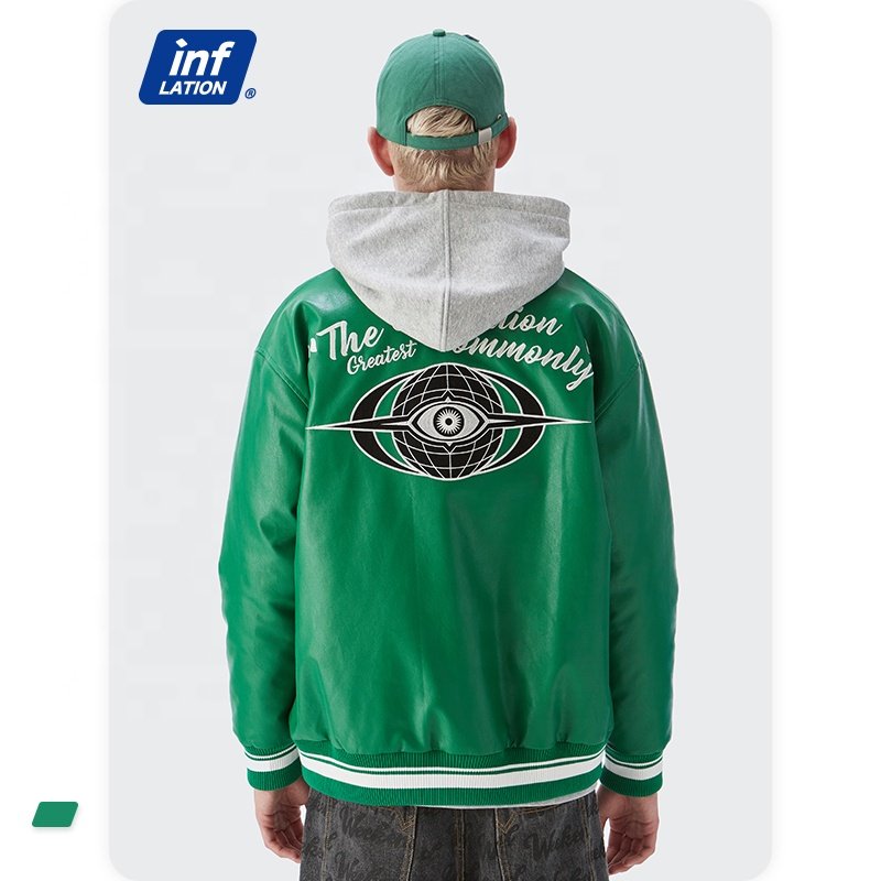 INF PU Leather Sleeve Chenille Patch Embroidery Jacket Men Bomber Flight Letterman Leather Jacket