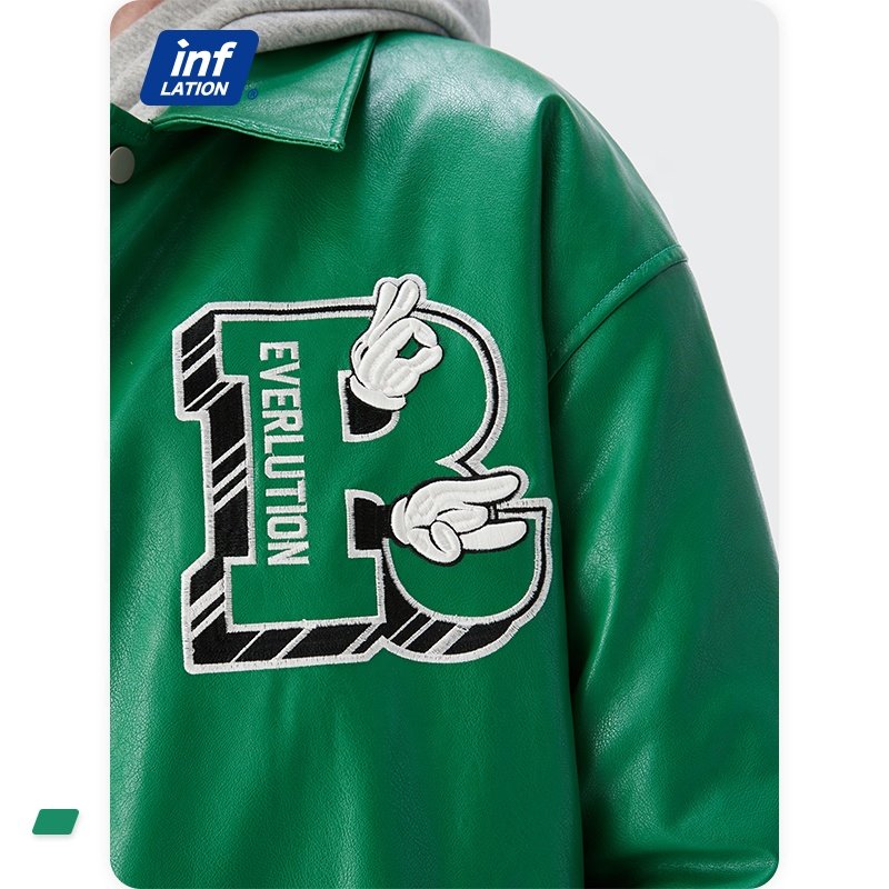 INF PU Leather Sleeve Chenille Patch Embroidery Jacket Men Bomber Flight Letterman Leather Jacket
