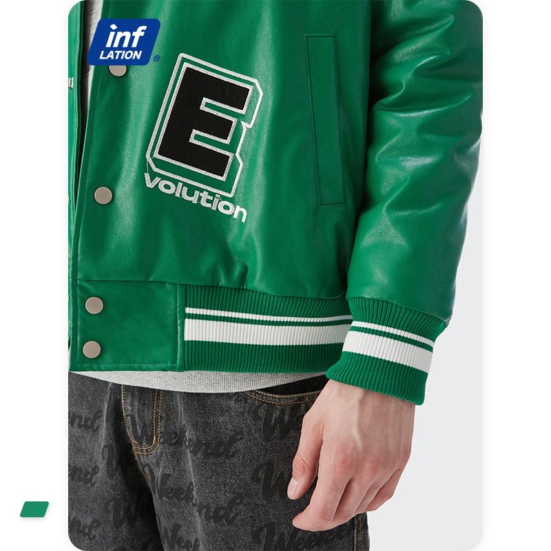 INF PU Leather Sleeve Chenille Patch Embroidery Jacket Men Bomber Flight Letterman Leather Jacket