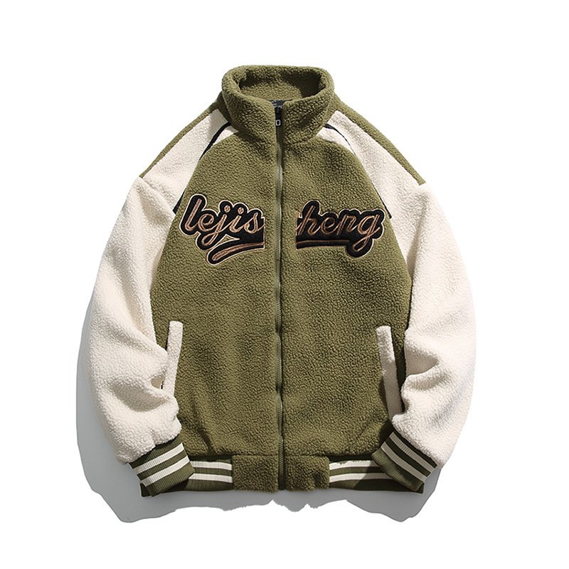 Customized winter wool letter patch warm casual baseball team fleece thick wool fur men's jacket
