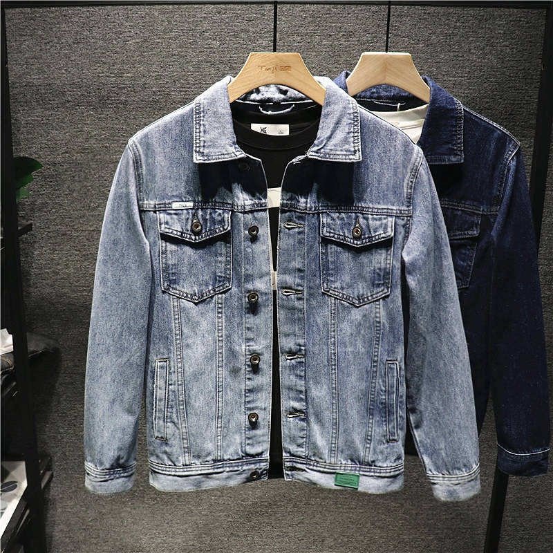 High quality embroidered patch denim jacket for men's blue and black torn jeans in fashion