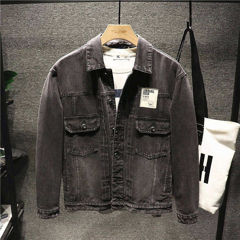 High quality embroidered patch denim jacket for men's blue and black torn jeans in fashion