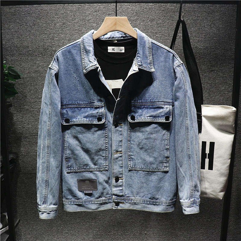 High quality embroidered patch denim jacket for men's blue and black torn jeans in fashion