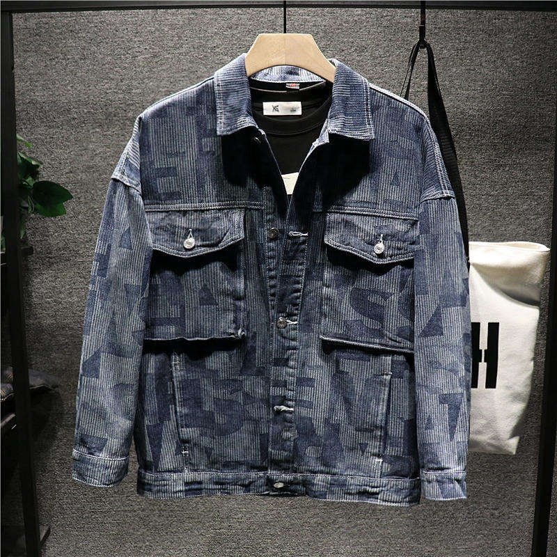 High quality embroidered patch denim jacket for men's blue and black torn jeans in fashion