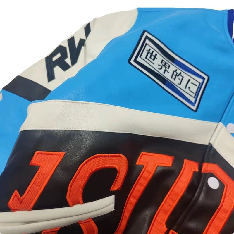Custom logo pu leather moto race leather bomber jacket oversized men's jackets letterman varsity jacket