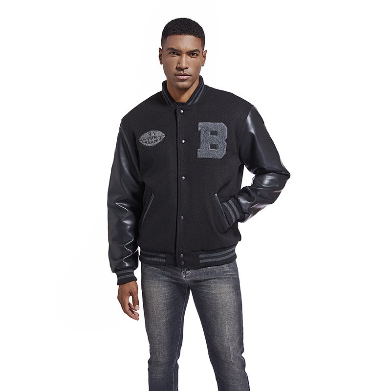 Custom Logo Double Sleeve Black Leather Baseball Plus Size Men Varsity Jacket