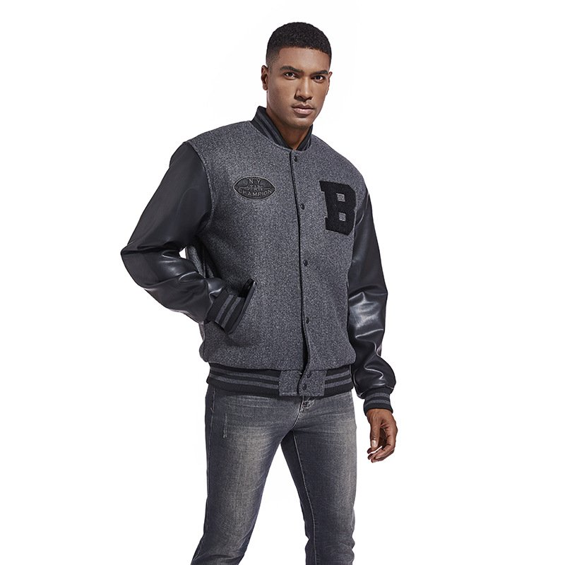 Custom Logo Double Sleeve Black Leather Baseball Plus Size Men Varsity Jacket