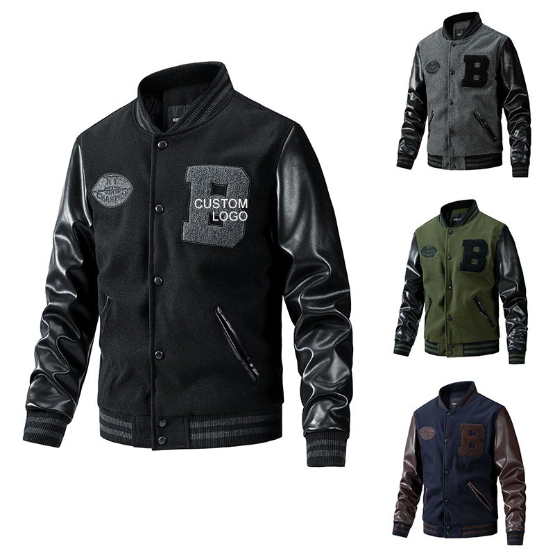 Custom Logo Double Sleeve Black Leather Baseball Plus Size Men Varsity Jacket
