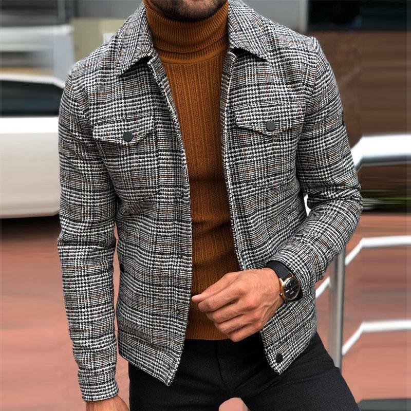 2021 Autumn casual men's jackets & coats slim pocket Long sleeve lapel chaquetas para hombre mens plaid jacket