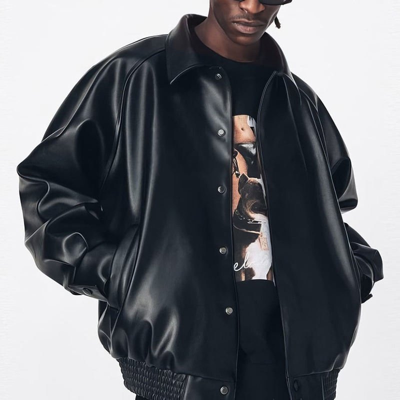 Custom Pu Leather Streetwear Mens Black Leather Jacket Vintage Street Style Oversized Custom Jacket