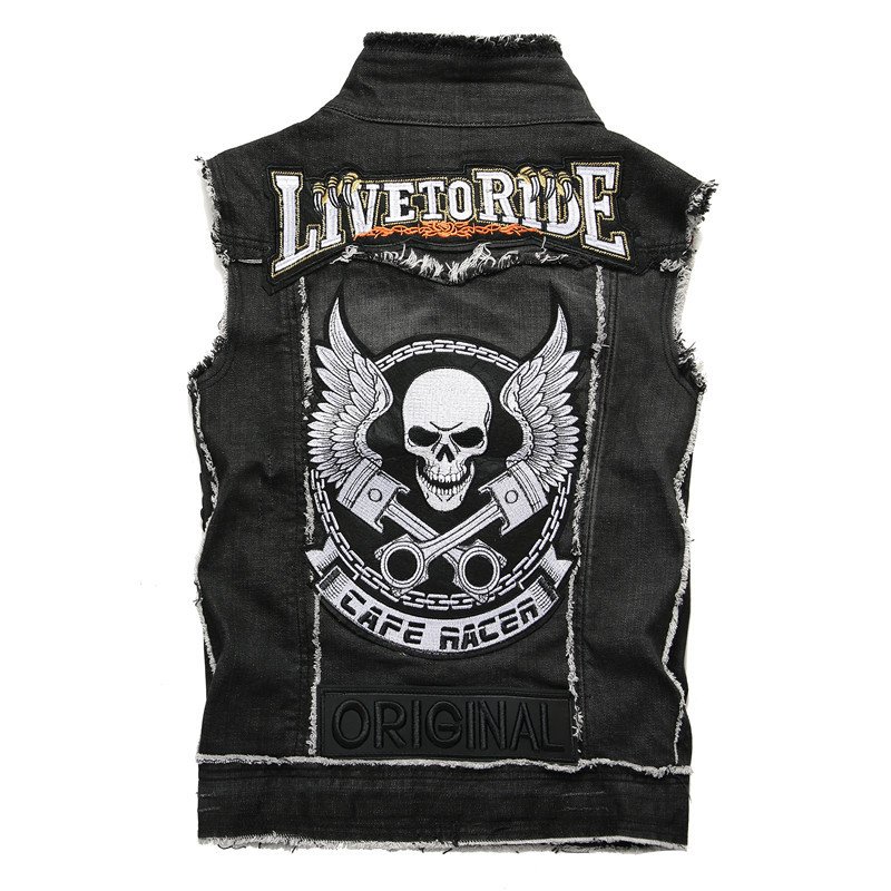New Fashion Men's Jackets Denim Lapel Black Embroidered Skull Badge Cotton Hip Hop Denim Men Vest Jacket