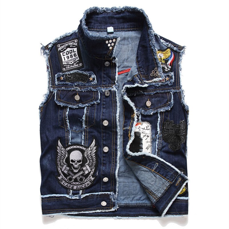 New Fashion Men's Jackets Denim Lapel Black Embroidered Skull Badge Cotton Hip Hop Denim Men Vest Jacket