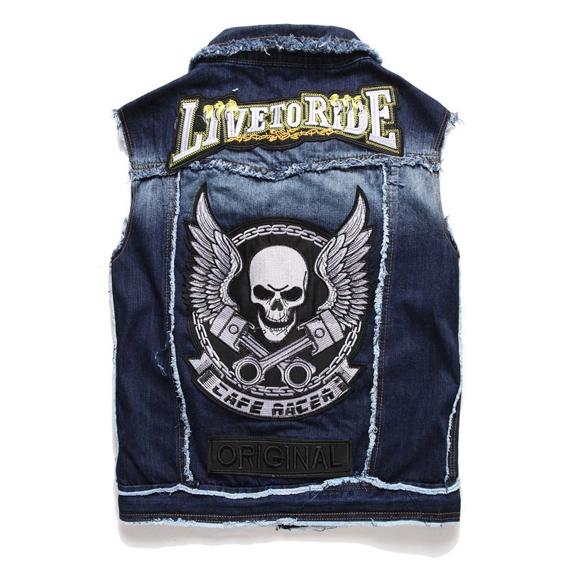 New Fashion Men's Jackets Denim Lapel Black Embroidered Skull Badge Cotton Hip Hop Denim Men Vest Jacket
