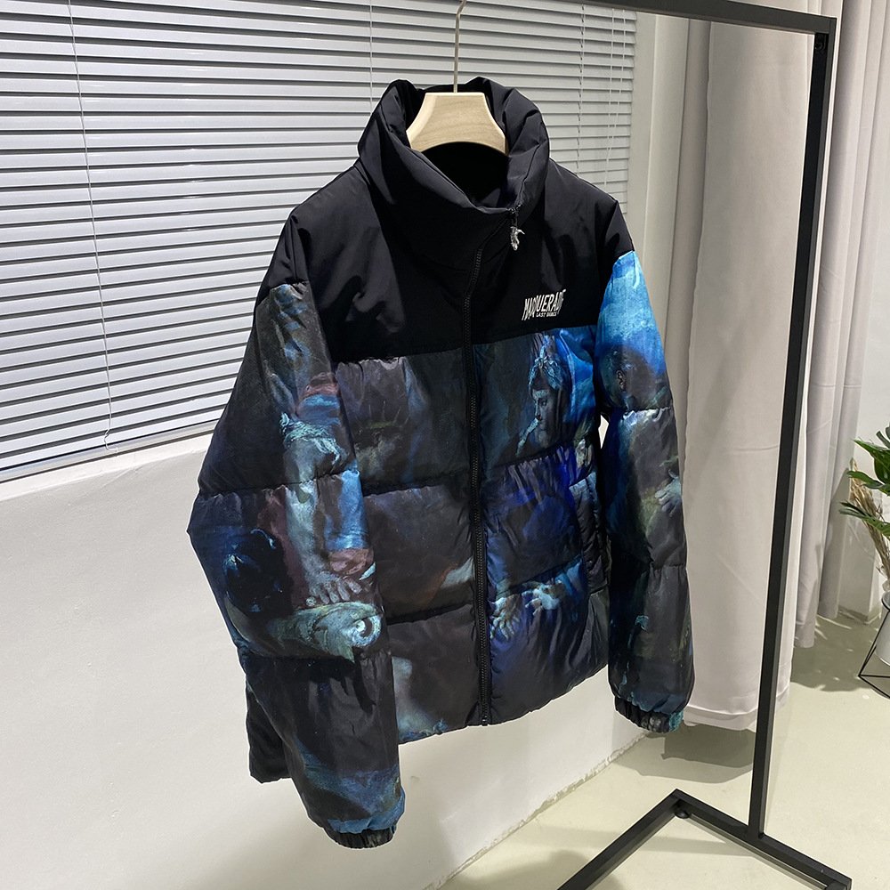 OEM Custom Printed Pattern Bubble Warm Outdoor Waterproof Plus Size Men's Jacket Casual Winter Duck Canvas Fabric Stand Collar