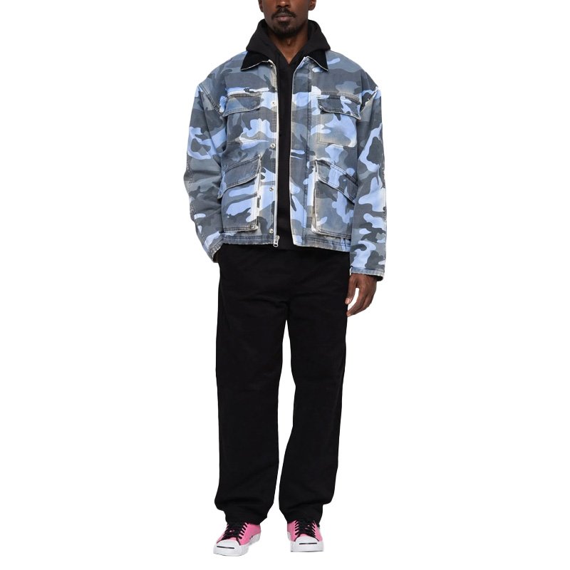 New Arrivals Fashion Casual Unisex Style Camo Print Canvas Shop Jacket With Spray Dye Finish