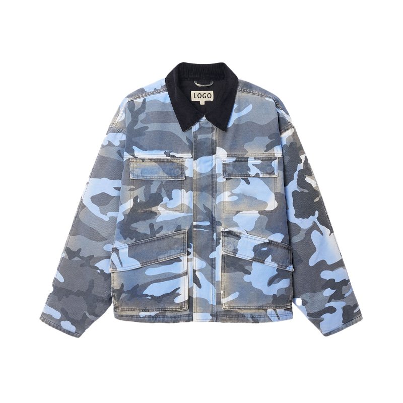 New Arrivals Fashion Casual Unisex Style Camo Print Canvas Shop Jacket With Spray Dye Finish