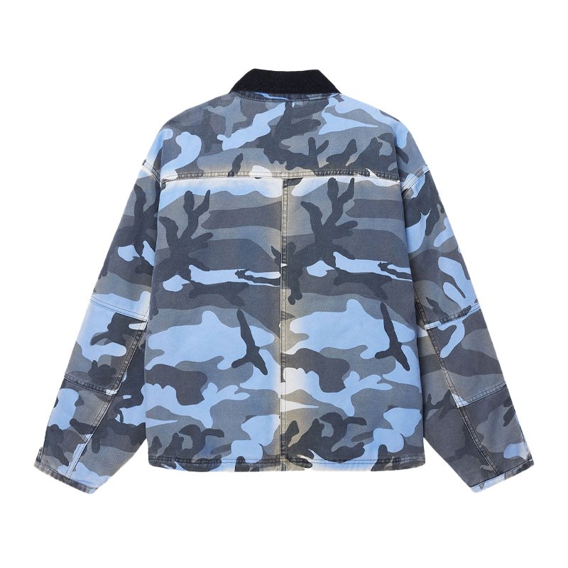 New Arrivals Fashion Casual Unisex Style Camo Print Canvas Shop Jacket With Spray Dye Finish