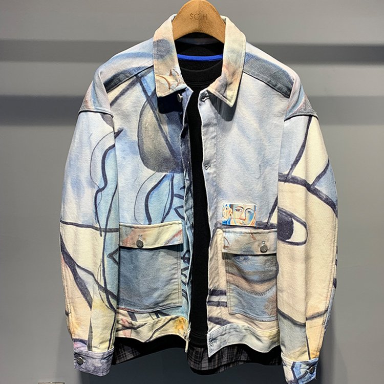 High street style men's jacket spring autumn clothing all over printing denim jacket men graffiti jean jacket custom