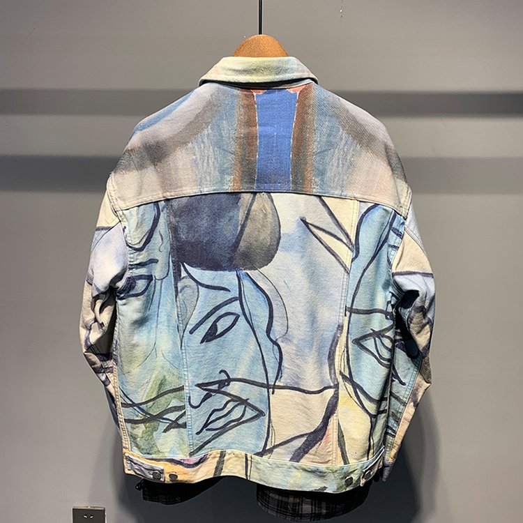 High street style men's jacket spring autumn clothing all over printing denim jacket men graffiti jean jacket custom
