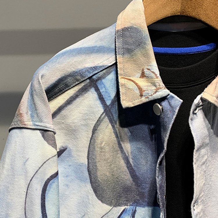 High street style men's jacket spring autumn clothing all over printing denim jacket men graffiti jean jacket custom
