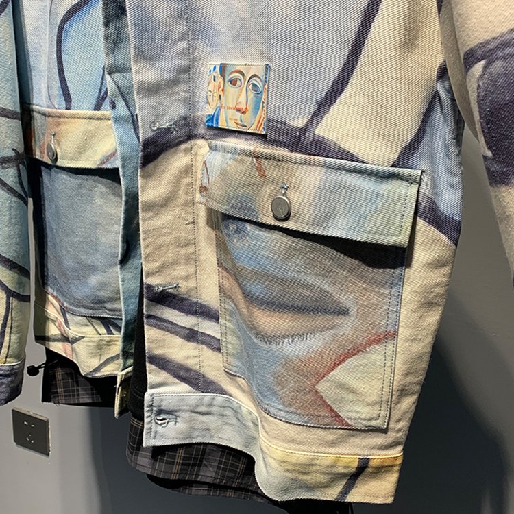 High street style men's jacket spring autumn clothing all over printing denim jacket men graffiti jean jacket custom