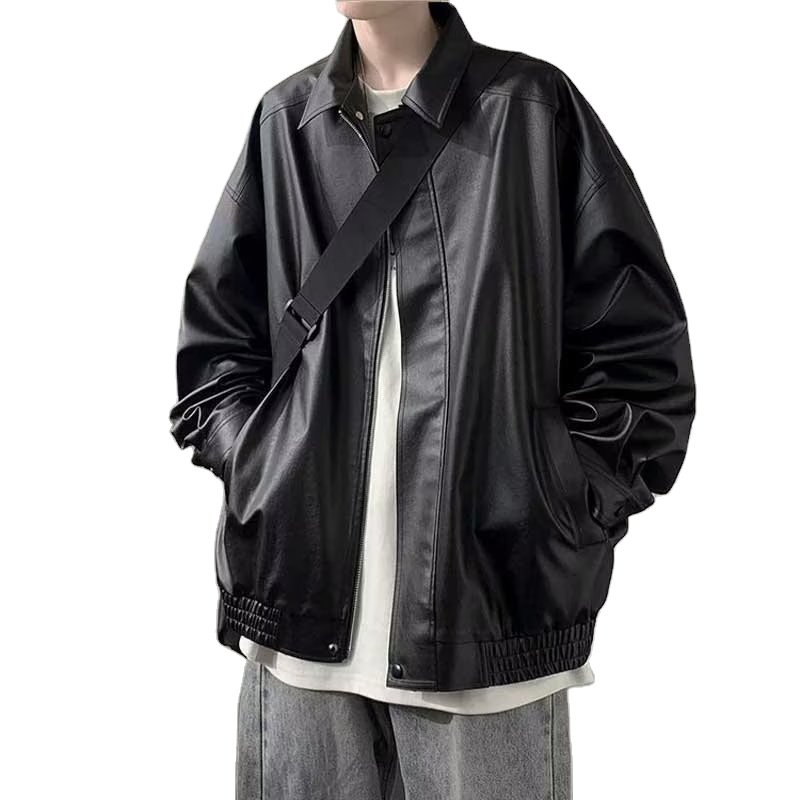 American vintage leather coat men's spring autumn high-grade casual loose pu leather lapel jacket