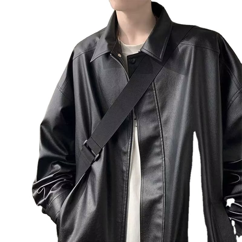 American vintage leather coat men's spring autumn high-grade casual loose pu leather lapel jacket