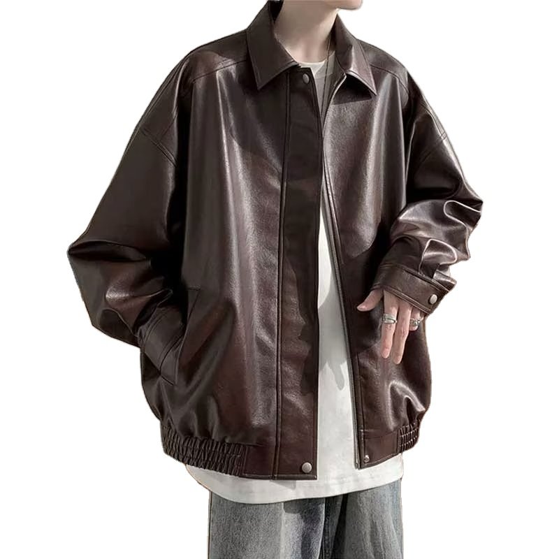 American vintage leather coat men's spring autumn high-grade casual loose pu leather lapel jacket