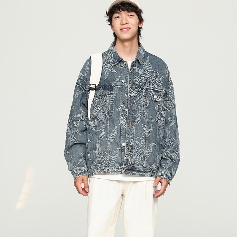 Niche High-End Printed Embroidered Denim Jacket Men'S Autumn Loose High Street Workwear Jacket