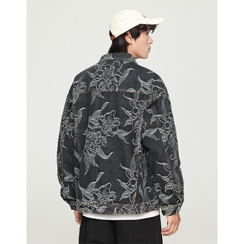 Niche High-End Printed Embroidered Denim Jacket Men'S Autumn Loose High Street Workwear Jacket