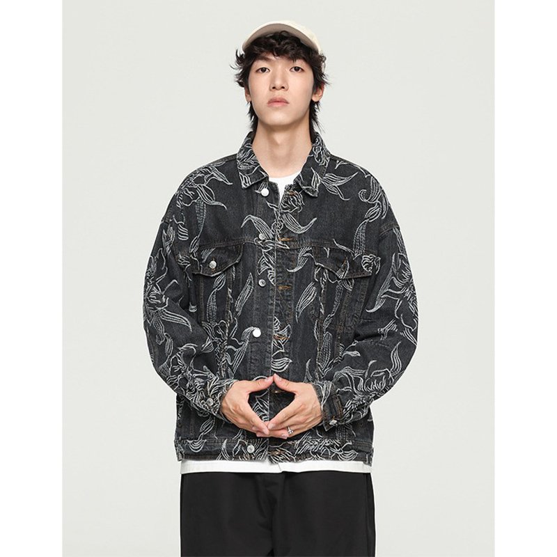 Niche High-End Printed Embroidered Denim Jacket Men'S Autumn Loose High Street Workwear Jacket