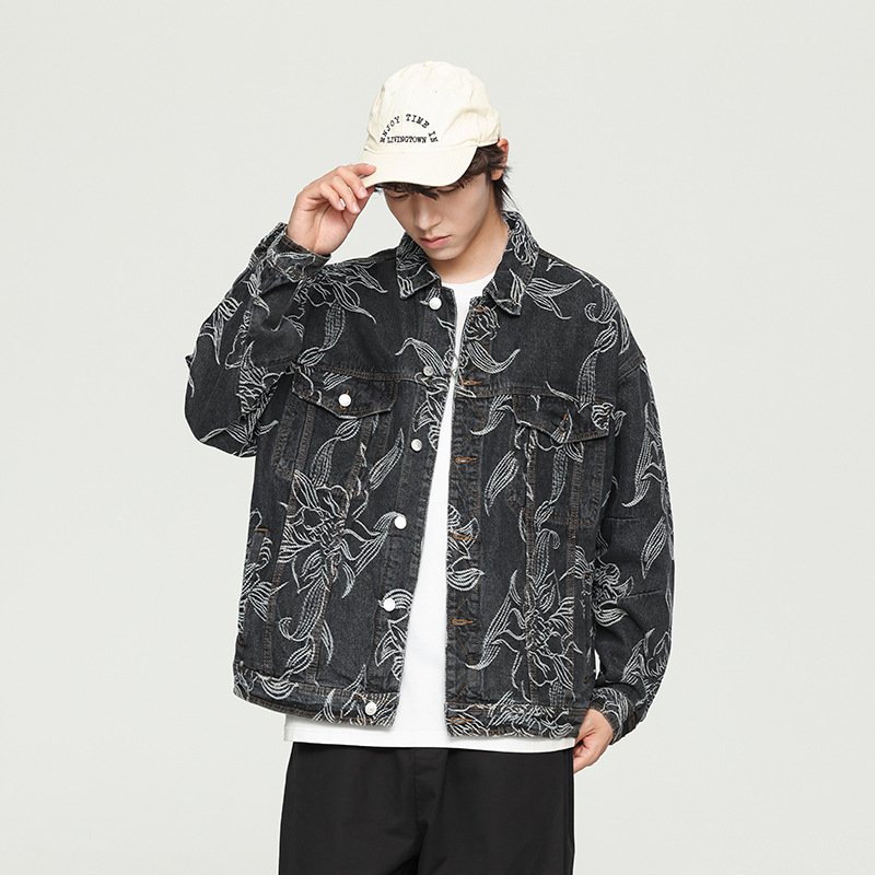 Niche High-End Printed Embroidered Denim Jacket Men'S Autumn Loose High Street Workwear Jacket