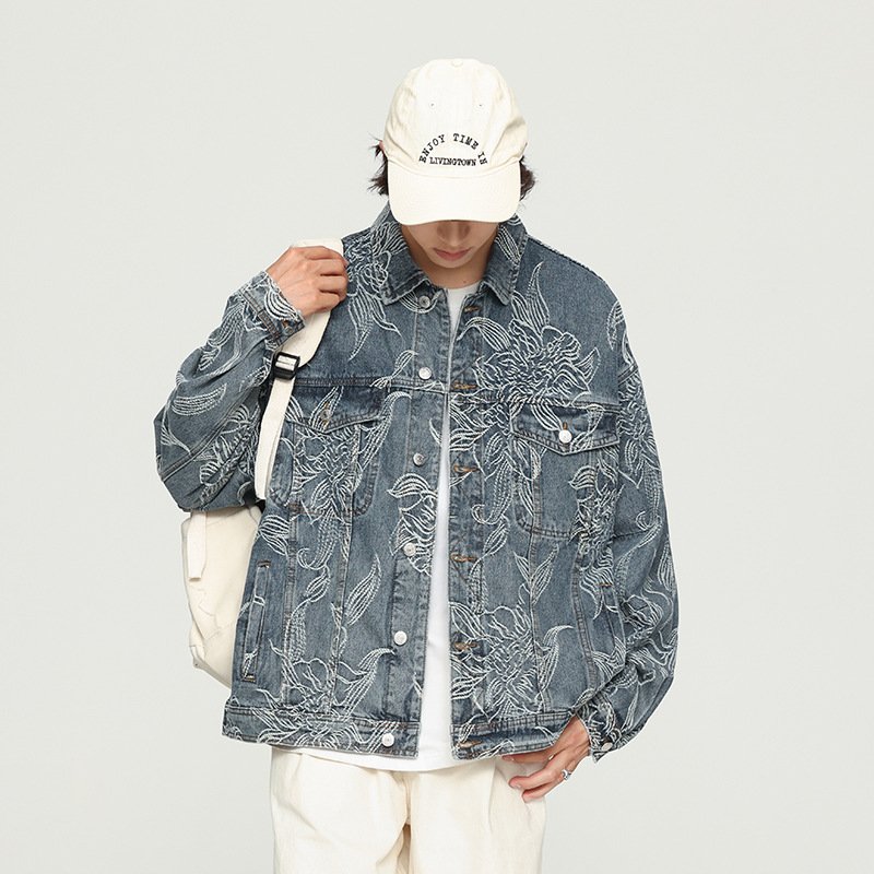 Niche High-End Printed Embroidered Denim Jacket Men'S Autumn Loose High Street Workwear Jacket