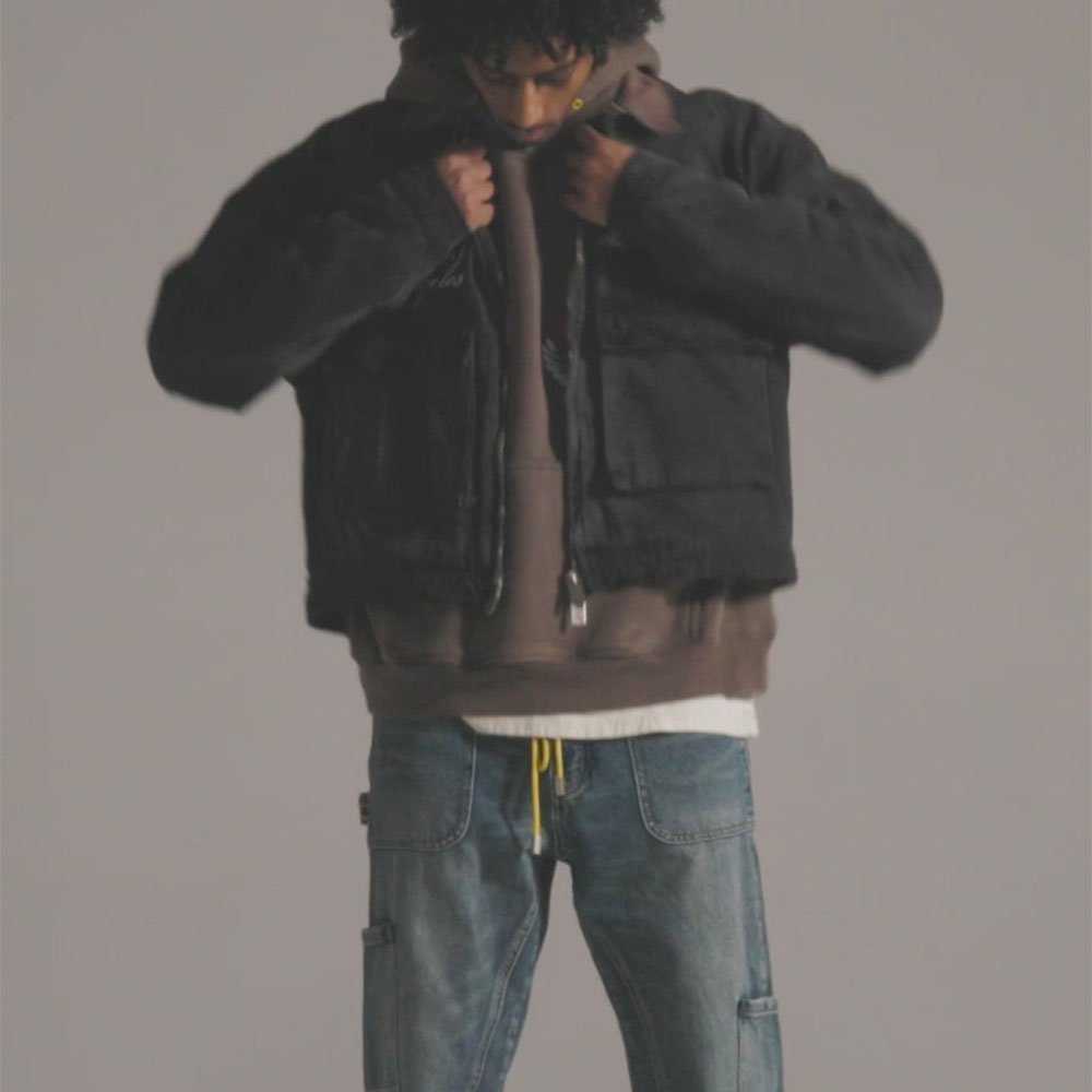 Custom Heavyweight Denim Canvas Men's Jacket Winter Signature Vintage Wash Coat with Crew Neck Cotton Lined