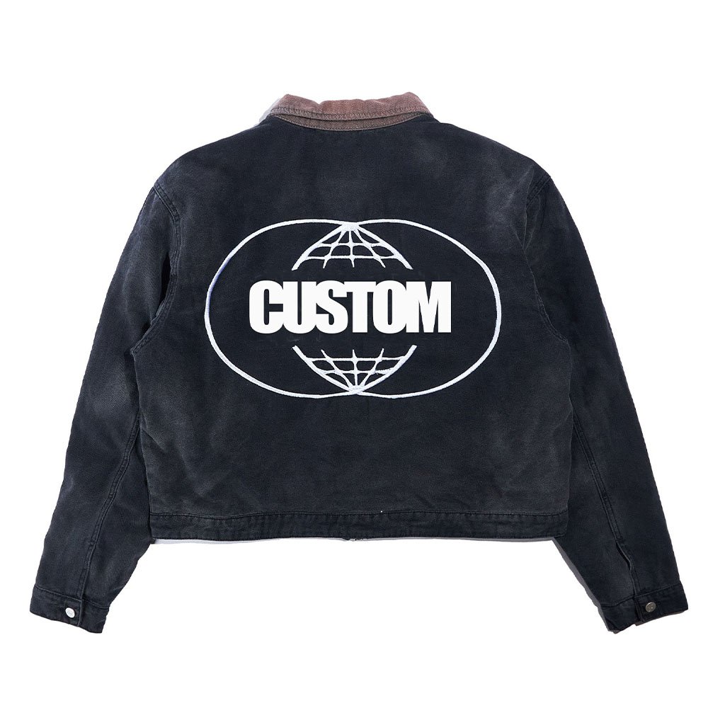 Custom Heavyweight Denim Canvas Men's Jacket Winter Signature Vintage Wash Coat with Crew Neck Cotton Lined