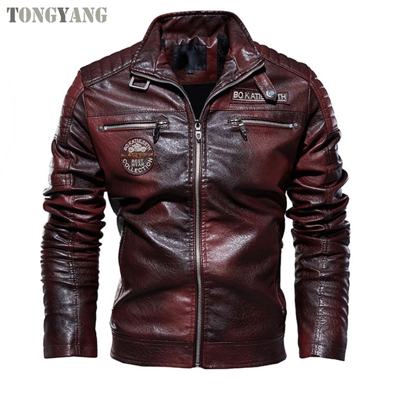 TONGYANG Mens Pu Leather Jacket Mens Stand Collar Biker Casual Windproof Slim Fit Jacket Fleece Leather Winter jacket