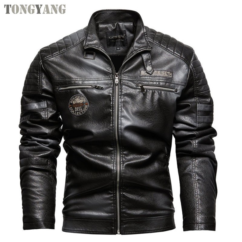 TONGYANG Mens Pu Leather Jacket Mens Stand Collar Biker Casual Windproof Slim Fit Jacket Fleece Leather Winter jacket