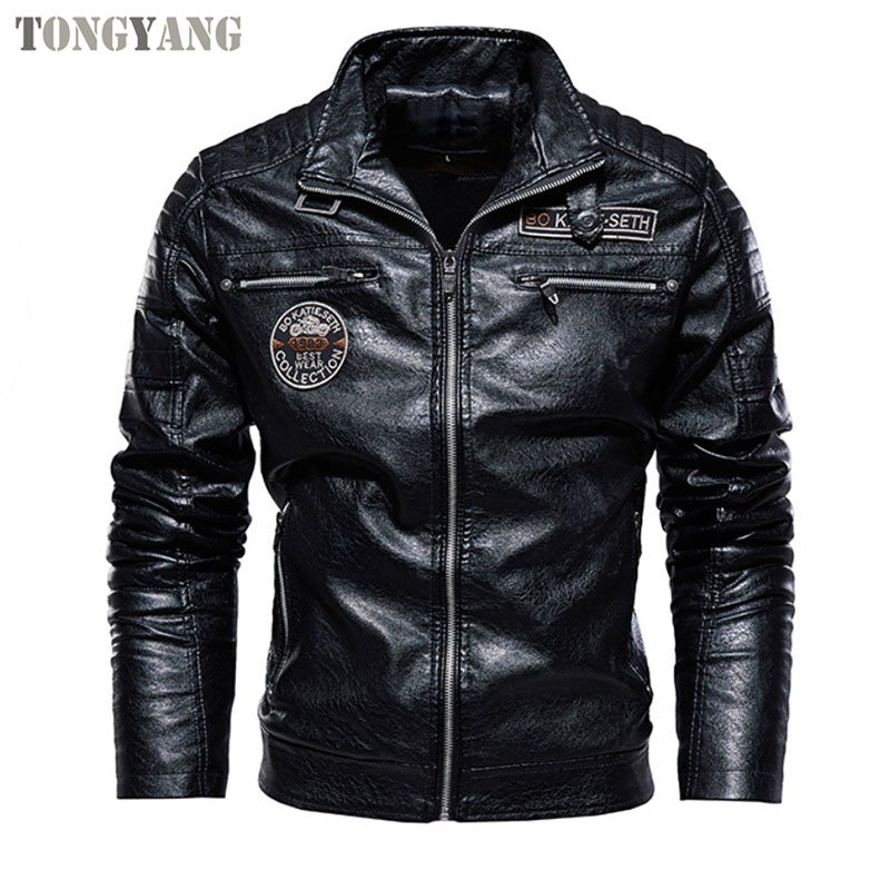TONGYANG Mens Pu Leather Jacket Mens Stand Collar Biker Casual Windproof Slim Fit Jacket Fleece Leather Winter jacket