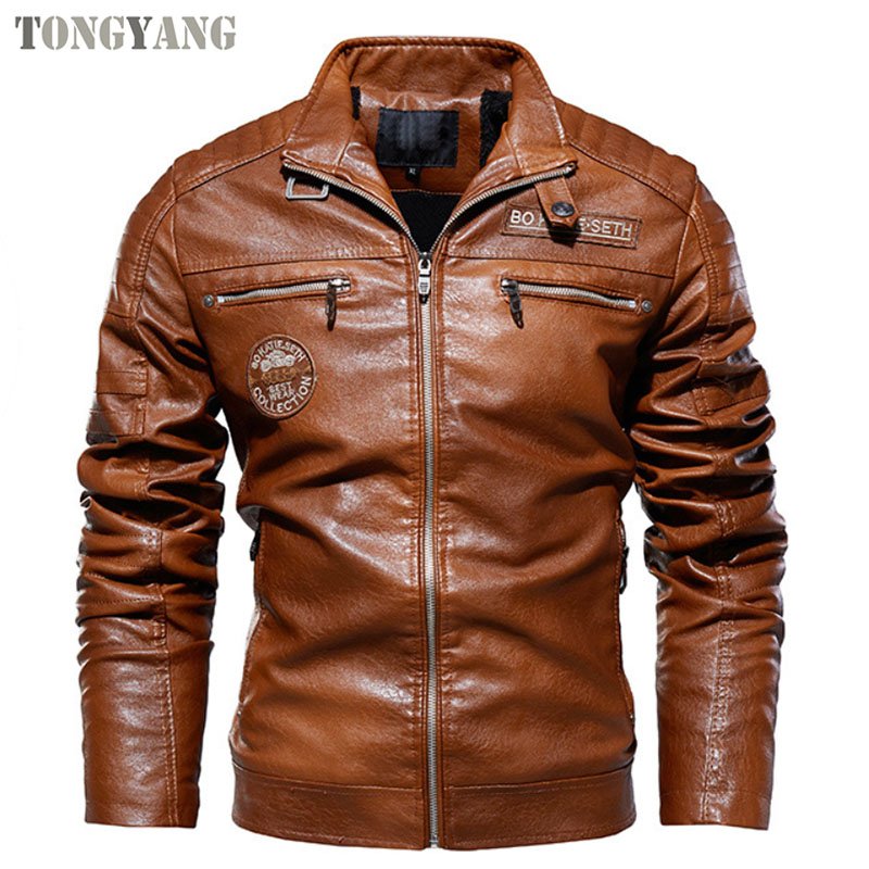 TONGYANG Mens Pu Leather Jacket Mens Stand Collar Biker Casual Windproof Slim Fit Jacket Fleece Leather Winter jacket
